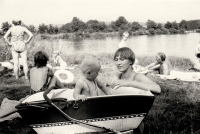 Sylvia Klánová with son Miroslav, summer by the water (1970s))