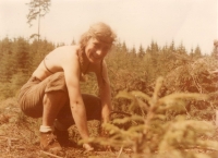 Věra Náhlíková planting trees during a tramp voluntary work in Vysočina (May 1984)