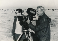 Shooting for the Short Film Prague, the witness on left in the Uzbek desert in 1973