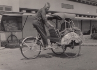 Josef Jelínek on a rickshaw, with Dukla in Jakarta, 1960s
