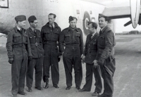 Jan Irving's crew at the Beaulieu base in 1943. From the left: G. Shaw, A. Polák, Václav Spitz, Jan Irving, Jaroslav Hájek and far right, laughing Zdeněk Sedlák who suffered a sad end - he took the flight from England on the 5th October of 1945, the plane crashed and all persons on board were killed, including Zdeněk Sedlák and his wife Edita (WAAF)