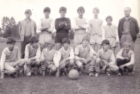 Josef Šeda (fourth from the right, top row) with the Humpolec football team; 1973 