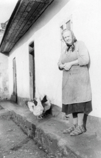 Vladimírova babička Marie Brožová před vepřovicovou chalupou v Litohlavech, 1. polovina 70. let