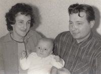 Miroslav Blažek (5-months-old) with his parents, Nová Paka, January 1967
