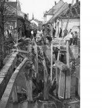Wooden bridge at the riverbank in Litovel on 8 May, 1945