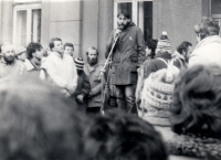 M.Trégl speaks to citizens as a spokesman for the Strakonice Civic Forum during the Velvet Revolution in 1989