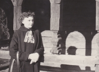 Věra visiting a church that was moved from Subcarpathian Ruthenia to Petřín hill in Prague (April 8, 1956)
