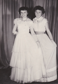 Graduation ball photo, Věra Rolečková (on the left) next to her sister Květulína (January 13, 1956) 