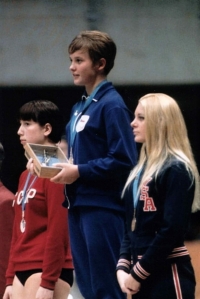 Milena Duchková at the winners rostrum; 1968 Summer Olympics in Mexico