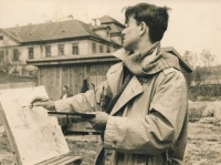 Miroslav Masák drawing outdoors; 1954 