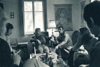 At Hrádeček - from the left Andrej Krob, Václav Havel, Miroslav Masák and Jarka Sloupová; Vlčice, 1967