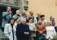 The King George of Poděbrady Central Bohemian College (Středočeská kolej krále Jiřího z Poděbrad) student reunion. Vladimír Grégr fourth from the left in the last row 