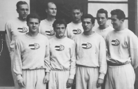 Milan Fráňa, second from the left in the second row, with Sokol Brno 1 basketball team 