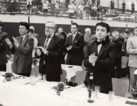 Visit to the national meeting of the Austrian FPÖ, early 1990s, M. Fleischman on the right, Karel Štindl on the left