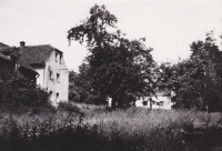 V pozadí dům v Andělce, kam v květnu 1953 byla rodina Hanauerova vystěhována. Foceno v letech, kdy už Hanauerovi bydleli zpátky na Vysočině
