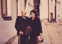 Setkání paní Růženy Hanauerové a pana Hojera (zemědělec z Radňova). Rodina Hojerova byla vystěhována do Krhanic