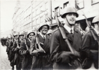 Jiří Razskazov (wearing glasses) in military uniform marching for the oath ceremony, Louny, 1979

