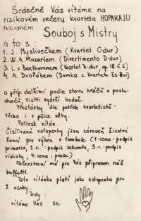 Pozvánka na bytový koncert kvarteta Hopakaju (Holický, Pavlík, Kaplan, Juna), 1976