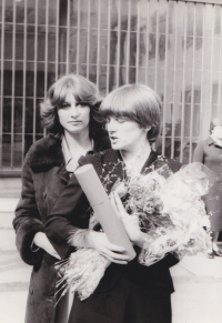 University graduation, 1979, with her sister