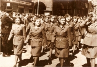 First anniversary of liberation, parade in Žatec, 1946. Alla Karfíková-Boroličová, second from the right. Source: Československé ženy