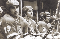 František Kaberle Senior (center) in the national jersey on the bench with his teammates Jaroslav Pouzar (number 23) and Miroslav Dvořák (on the right)
