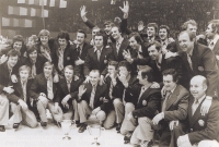 Czechoslovak hockey players celebrate the world championship in Vienna in 1977. František Kaberle Senior is standing in the second row, third from the right.  His teammates from Kladno, Eduard Novák and Milan Nový, are to his left and right