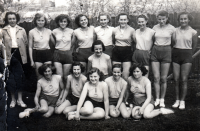 Růžena Talagová (first from the right, sitting) during Spartakiad training, 1955