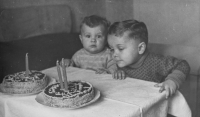 Oslava třetích narozenin Dalibora Matějů, vlevo sedí bratr Ivo, Kounice u Brna, 1951