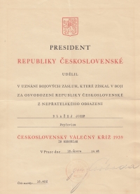 Diploma accompanying the Czechoslovak War Cross 1939 which was awarded posthumously to Josef Blažek.