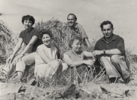 Oldřich Vašák during the harvest with his colleagues from the Masaryk University rector's office