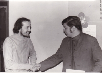 Miloš with the chairperson of the Czechoslovak Socialist Union of Youth (SSM) of Prague 8 after the signing of an agreement of collaboration between SSM Prague 8 and the House of Culture of Prague 8, 1975