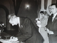 Wedding ceremony of his sister Jiřina, Vlastislav is signing as the witness, 1978 