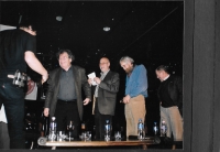 David Černý, György Konrád, György Varga, Vráťa Brabenec a Václav Havel na kulturní akci Českého centra v Budapešti Moje město, 2009