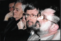 Večer na počest B. Hrabala - zprava Evžen Gál, velvyslanec Jaromír Plíšek, režisér István Szabó, Budapešť 2007 