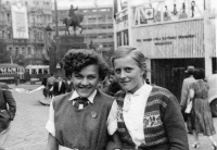 The witness (on the right) with a friend at the Spartakiad in Prague / 1955