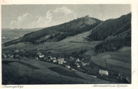 Sobieszów under Chojník Castle in a postcard from the 1920s with the German name Hermsdorf im Riesengebirge mit dem Kynast (Sobieszów in the Giant Mountains with Chojník Castle) 
