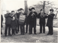 Brass band in the village of Malá Zubovština, where Václav Pišl also played (the second one from the right) 
