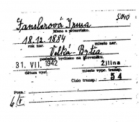 Doklad o transportu babičky Petera Danzingera Irmy Ganslerové z 31. 7. 1942
