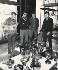 Pavel Doležel (second from left) in Nove Bory's Crystalex during a tour of the trophies for cycling races, 1960s