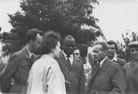 Hana Tomková interpreting for a delegation of African students from Cameroon, 1957