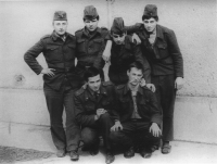 With friends at the war in Sliač, Slovakia (1967-1968), Petr Šimr at the bottom right