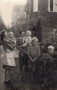 The Štryncl family in post-war Liberec, Milan Štryncl on the far right
