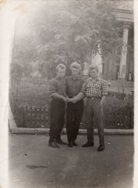 near the Palace of Culture in the Bilytske village, Donetsk region, the first person on the right is the respondent, 1959
