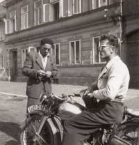 Václav Vaněk on a motorcycle, Hodkovice, ca. 1950