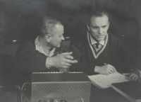 On the right Miloslav Nekvasil with the master of lighting Oldřich Malý (1960s)
