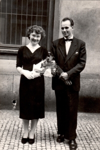 Božena Kršková's graduation in 1958, pictured with her husband