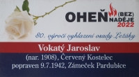 Památeční kartička Oheň (bez)naděje popravenému Jaroslavu Vokatému