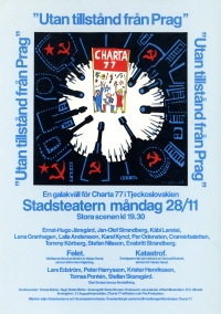 Plakát na benefiční večer ve Stockholm Stadsteater, kde proběhla světová premiéra Havlovy jednoaktovky Chyba a Beckettovy jednoaktovky Katastrofa (1983)