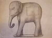 Kresba figurky slona, který se z Proboštova betléma ztratil na výstavě EXPO 67 v Montrealu a jehož kopii později Kamil Andres vyřezal