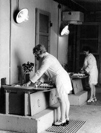 Vlevo Anna Fabiánová na pracovišti zvaném přípravna v drůbežárně Zempro v Opavě Kateřinkách